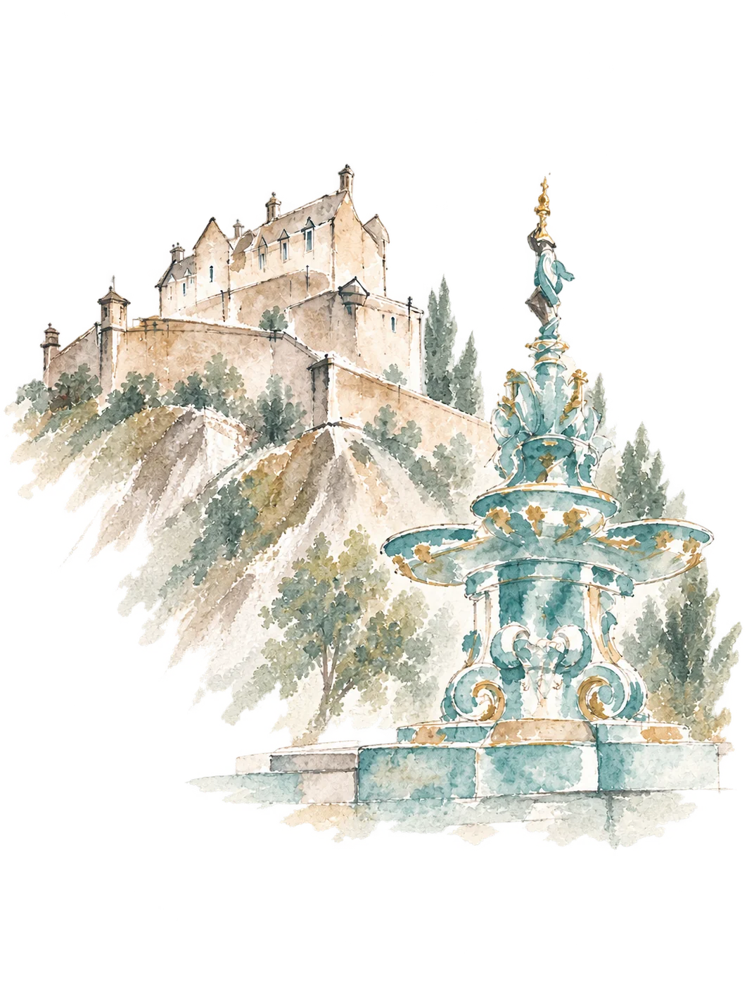 Acuarela de un castillo y una fuente